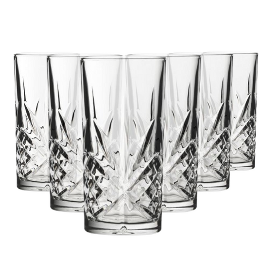 Set of six Timeless Fully Cut Highball glasses, 300ml whisky tumblers by Glassware UK, with intricate cut patterns and clear glass design.