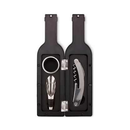 Glassware UK wine accessory set in a wine-shaped gift box with wine glasses and accessories inside.