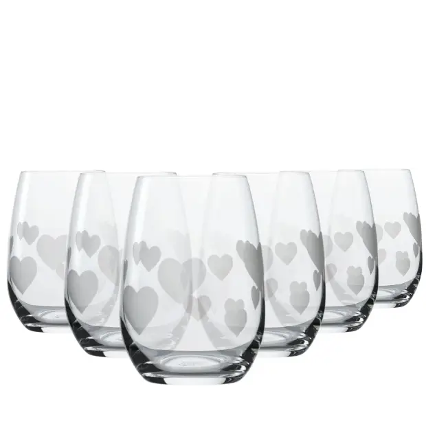 Set of six L'Amour Frosted Heart whisky tumblers from Glassware UK, 335ml capacity, featuring frosted heart design for elegant drinks.