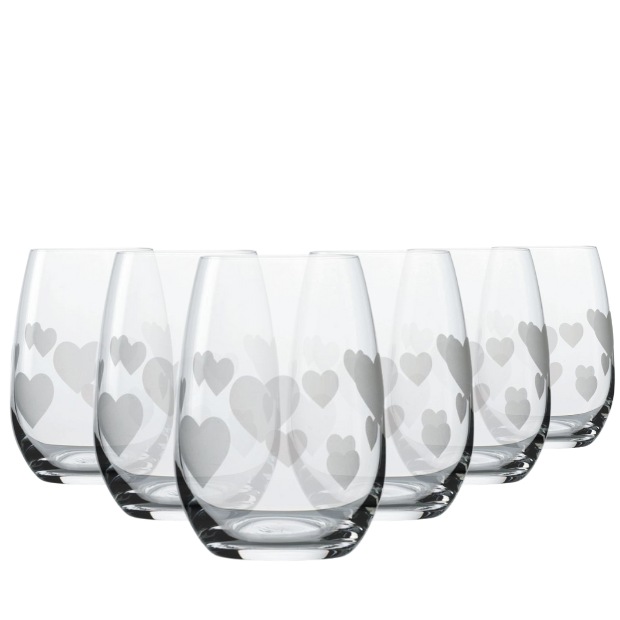 Set of six Glassware UK frosted heart-shaped whisky tumblers, 335ml, stylish drinkware for whisky enjoyment.