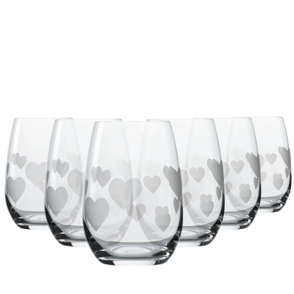 Set of six Glassware UK frosted heart-shaped whisky tumblers, 335ml, stylish drinkware for whisky enjoyment.