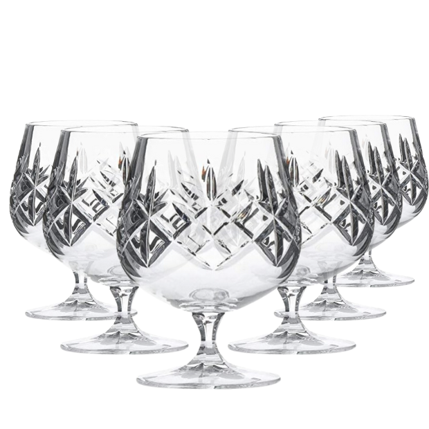 Set of six Flamenco Crystalite full cut brandy glasses, 250ml whisky tumblers by Glassware UK, clear and elegant design.