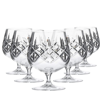 Set of six Flamenco Crystalite full cut brandy glasses, 250ml whisky tumblers by Glassware UK, clear and elegant design.