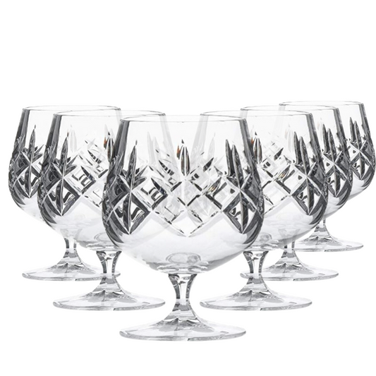 Set of six Flamenco Crystalite full cut brandy glasses, 250ml whisky tumblers by Glassware UK, clear and elegant design.
