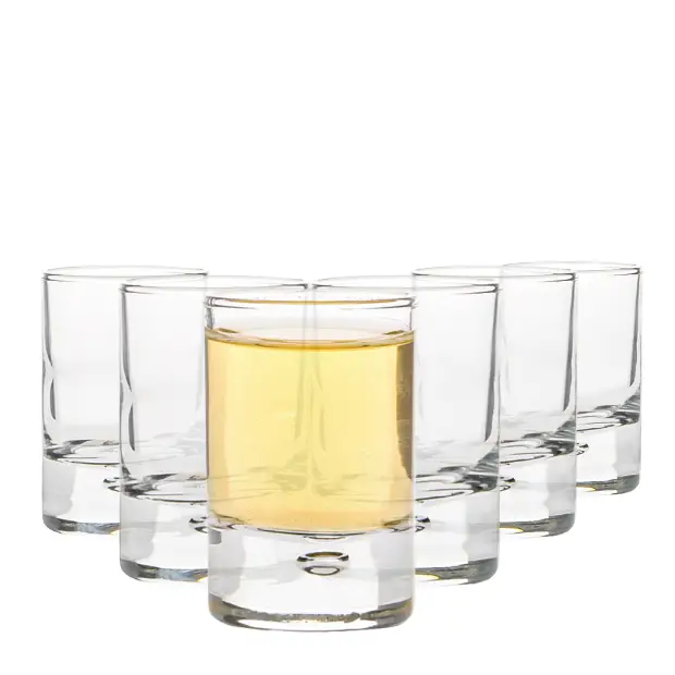 Set of six Bormioli Rocco Bubble Based shot glasses, 65ml, clear glassware with bubble design, perfect for serving spirits or small drinks.