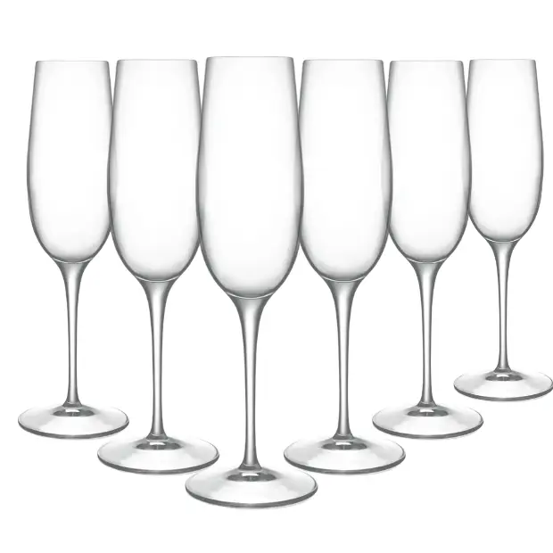 Set of six Luigi Bormioli Crescendo champagne flutes, 235ml, clear glassware for serving champagne elegantly