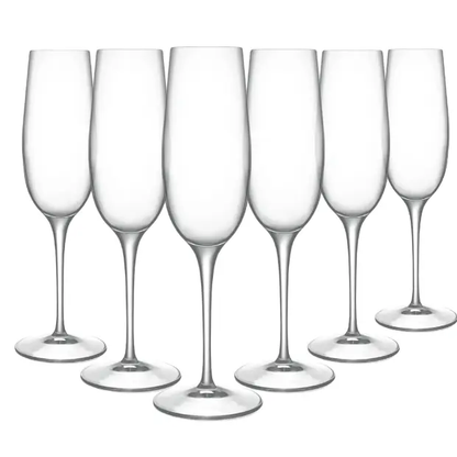 Set of six Luigi Bormioli Crescendo champagne flutes, 235ml, clear glassware for serving champagne elegantly