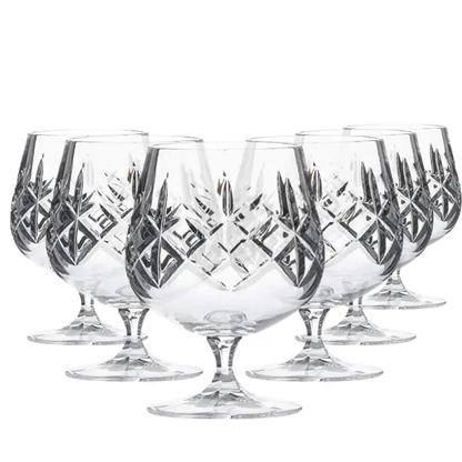 Set of six Flamenco Crystalite full cut brandy glasses, 250ml whisky tumblers from Glassware UK, clear and elegant for sipping.