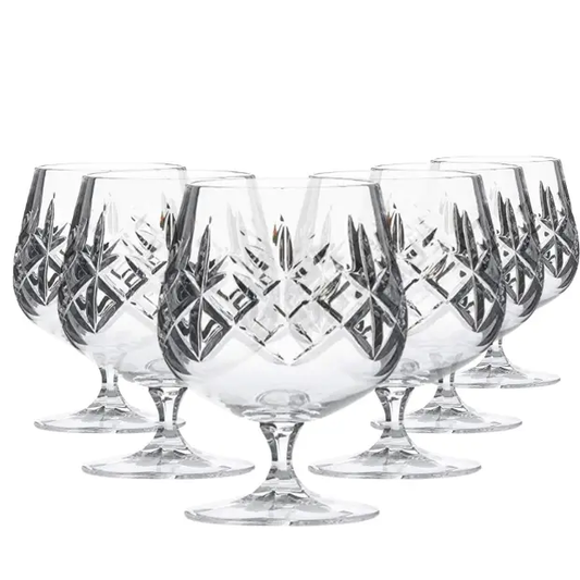 Set of six Flamenco Crystalite full cut brandy glasses, 250ml whisky tumblers from Glassware UK, clear and elegant for sipping.