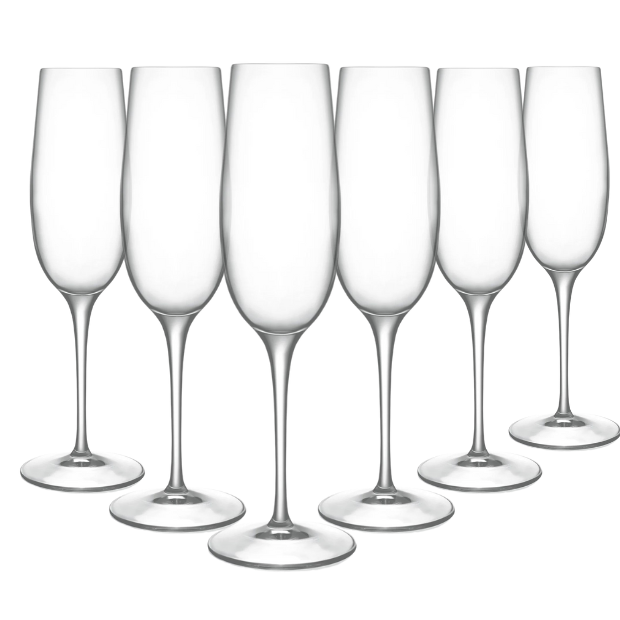 Set of six Luigi Bormioli Crescendo champagne flutes, 235ml, clear glassware with elegant tall, slender design