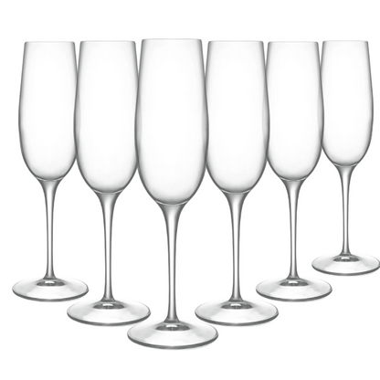 Set of six Luigi Bormioli Crescendo champagne flutes, 235ml, clear glassware with elegant tall, slender design