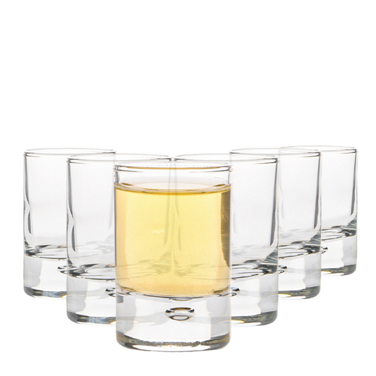 Set of six Bormioli Rocco Bubble Based shot glasses, 65ml each, made of clear glass with a textured bubble design.