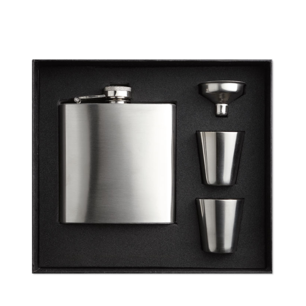 Glassware UK hip flask gift set with stainless steel flask, shot glasses, and a gift box, ideal for special occasions.