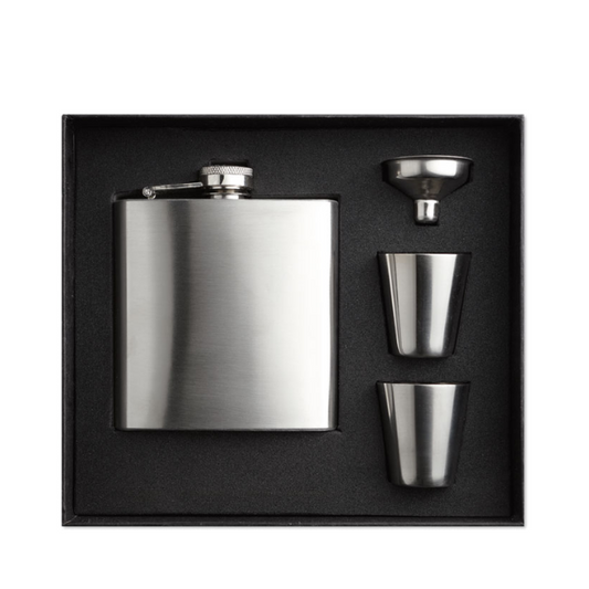 Glassware UK hip flask gift set with stainless steel flask, shot glasses, and a gift box, ideal for special occasions.