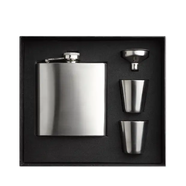 Glassware UK hip flask gift set with stainless steel flask, cups, and accessories for stylish gift presentation.