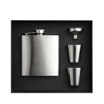 Glassware UK hip flask gift set with stainless steel flask, shot glasses, and funnel, perfect for gift-giving.