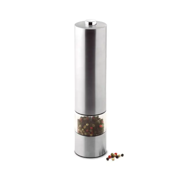 Glassware UK electric salt and pepper mill accessory with transparent acrylic body and stainless steel grinding mechanism.
