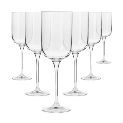 Set of six Krosno Glamour wine glasses, 350ml capacity, clear glassware with elegant bowl shape, designed for wine drinking.