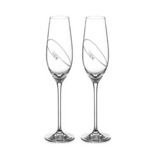 Set of two Glassware UK champagne flutes with orbital design, presented in a gift box, perfect for celebratory occasions.