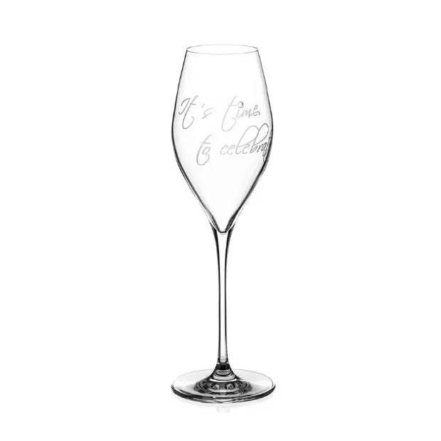 Set of two Diamante "It's Time to Celebrate" prosecco champagne flutes by Glassware UK in a gift box, with elegant clear glass and diamond accents.