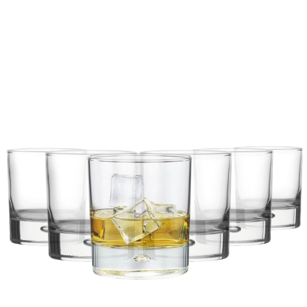 Set of six Krosno Bubble Based Whisky Tumblers, 330ml glassware for whiskey, featuring bubble design and clear glass.