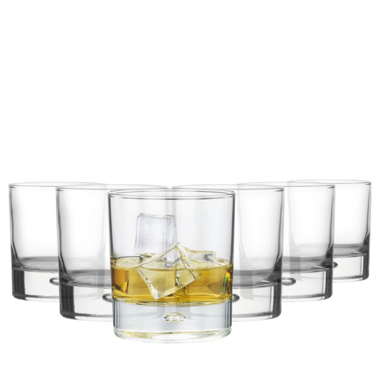 Set of six Krosno Bubble Based Whisky Tumblers, 330ml glassware for whiskey, featuring bubble design and clear glass.