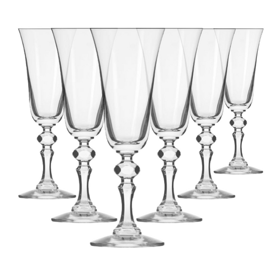 Set of six Krosno Krista champagne flutes, 150ml glassware with tall, slender design for sparkling wine presentation.