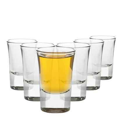 Set of six Glassware UK conical shot glasses, 35ml capacity, clear glass with a tapered design for serving small drinks.