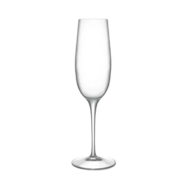 Set of six Luigi Bormioli Crescendo champagne flutes, 235ml glassware for sparkling wine, clear and elegant design.