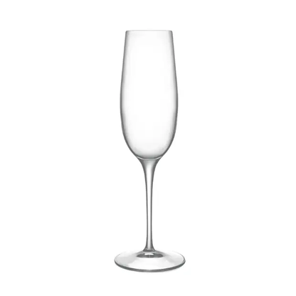 Set of six Luigi Bormioli Crescendo champagne flutes, 235ml glassware for sparkling wine, clear and elegant design.