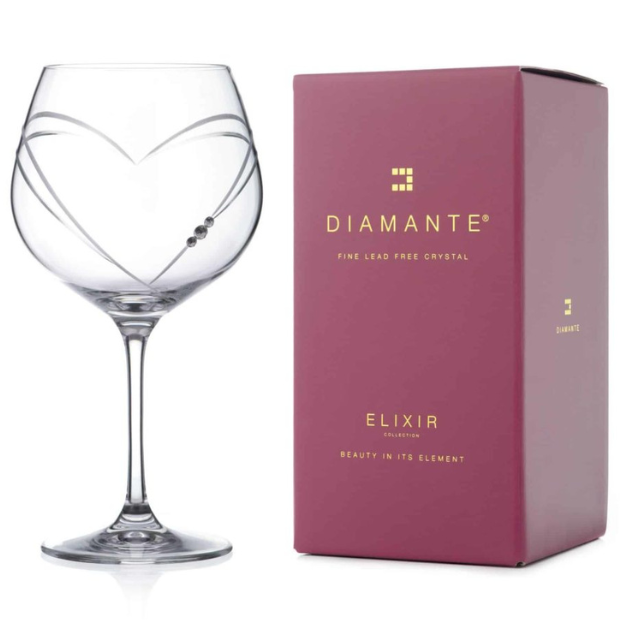 Glassware UK diamante "Just For You" gin glass with heart-shaped cut design, 610ml capacity, in a gift box.