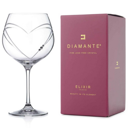 Glassware UK diamante "Just For You" gin glass with heart-shaped cut design, 610ml capacity, in a gift box.