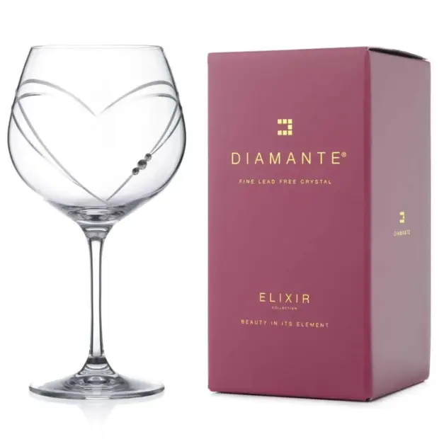 Glassware UK Diamante "Just For You" gin glass with heart-shaped cutting, 610ml capacity, presented in a gift box.