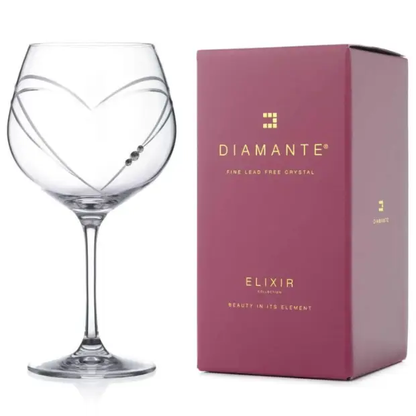 Glassware UK Diamante "Just For You" gin glass with heart-shaped cutting, 610ml capacity, presented in a gift box.
