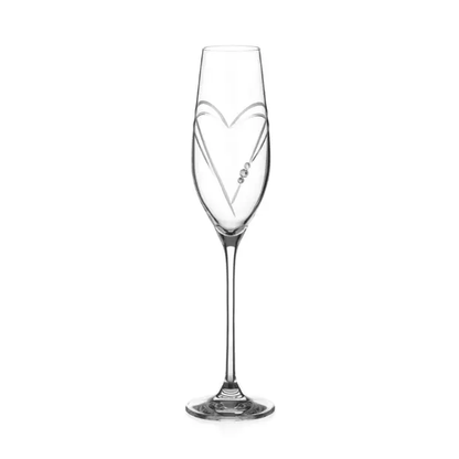 Glassware UK diamanté champagne flute with heart-shaped cut design in a gift box, elegant crystal glass for special occasions.