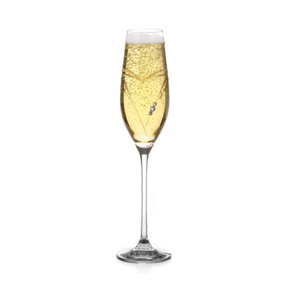 Glassware UK diamante champagne flute with heart-shaped cut design in a gift box, clear glass with sparkling embellishments.