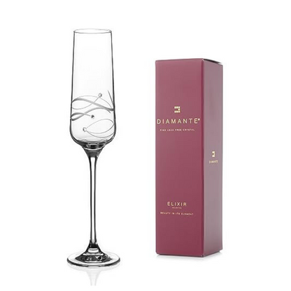 Glassware UK diamante champagne flute with spiral cut design, "Just For You" inscription, displayed in a gift box.