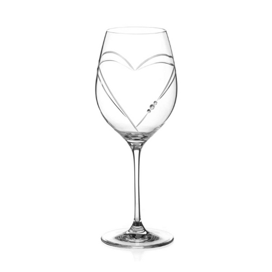Glassware UK Diamante "Just For You" wine glass with heart-shaped cut design, presented in a gift box.