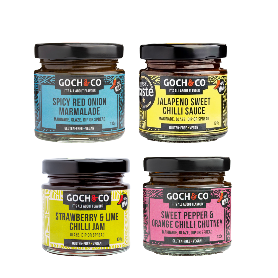 Goch & Co Goch Chilli Gift Box with assorted spicy chili sauces and condiments, vibrant packaging and variety of chili products