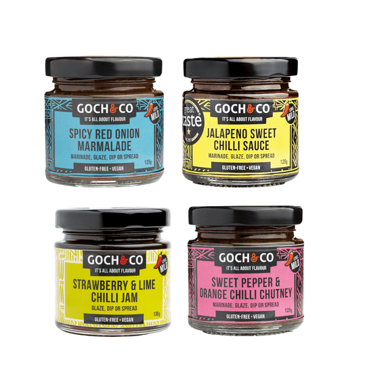 Goch & Co Goch Chilli Gift Box with assorted spicy chili sauces and condiments, vibrant packaging and variety of chili products