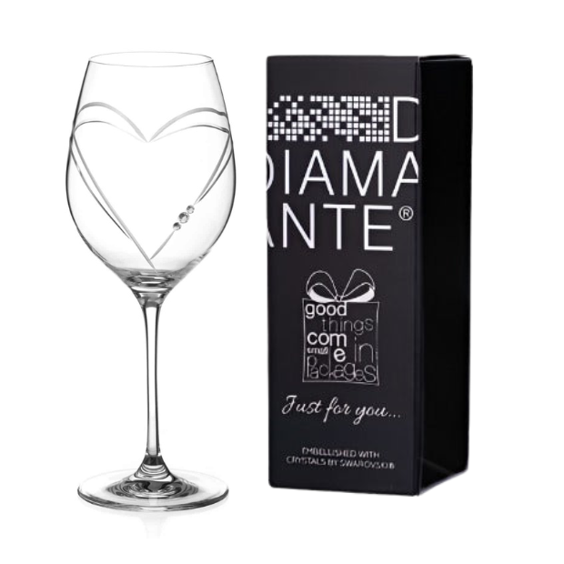 Glassware UK Diamante "Just For You" wine glass with heart-shaped cutting, displayed in an elegant gift box.