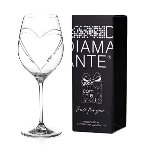 Glassware UK Diamante "Just For You" wine glass with heart-shaped cut design in gift box, elegant crystal wine glass for special occasions.