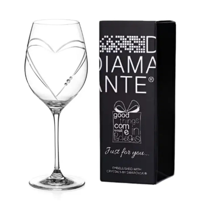 Glassware UK Diamante "Just For You" wine glass with heart-shaped cut design in gift box, elegant crystal wine glass for special occasions.