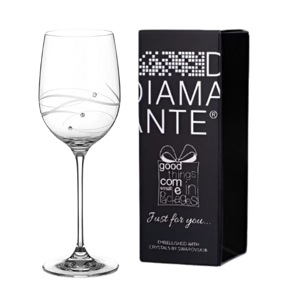 Glassware UK Diamante "Just For You" wine glass with spiral cut design in a gift box, featuring sparkling diamante embellishments.