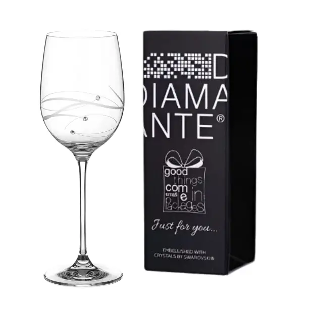 Glassware UK Diamante "Just For You" wine glass with spiral cut design in gift box, showcasing elegant crystal detailing.