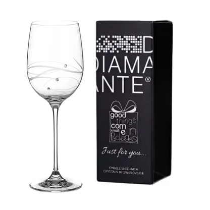 Glassware UK Diamante "Just For You" wine glass with spiral cut design in gift box, showcasing elegant crystal detailing.