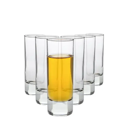 Set of six 60ml Tower shot glasses from Glassware UK, clear glass with a tall, tiered design perfect for serving shots.