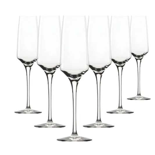 Set of six Stolzle Experience champagne flutes, 190ml glassware from Glassware UK, showcasing elegant, clear champagne glasses.