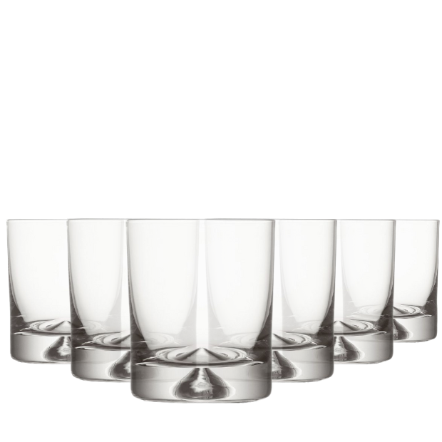 Set of six Krosno Dimple Base whisky tumblers with 260ml capacity, clear glassware designed for whiskey drinking.