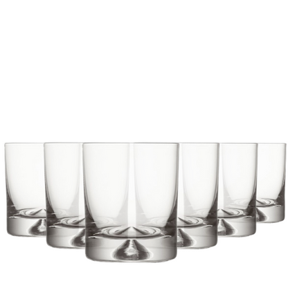 Set of six Krosno Dimple Base whisky tumblers with 260ml capacity, clear glassware designed for whiskey drinking.